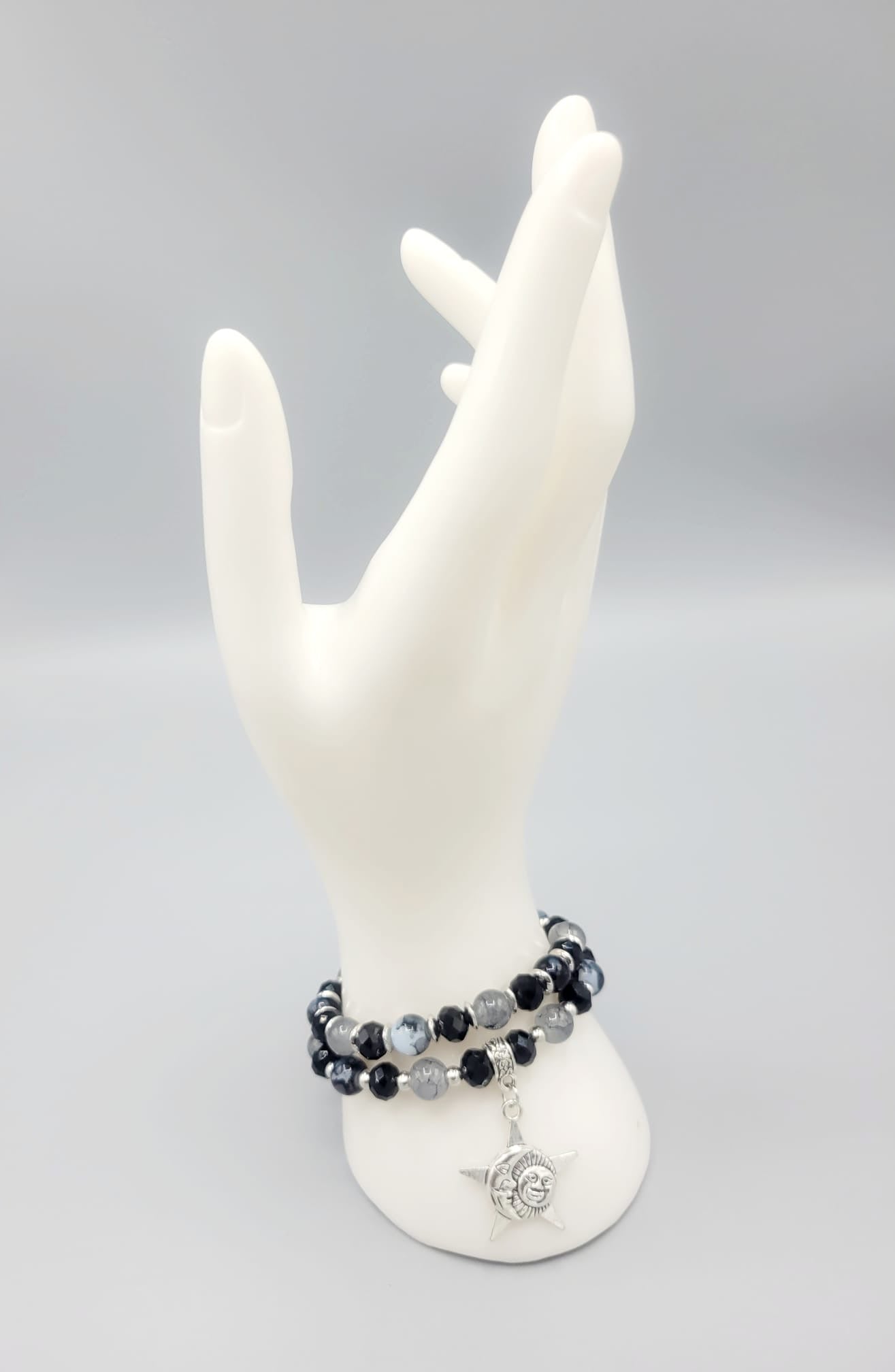 Black And Gray Moon, Star And Sun Bracelets Duo