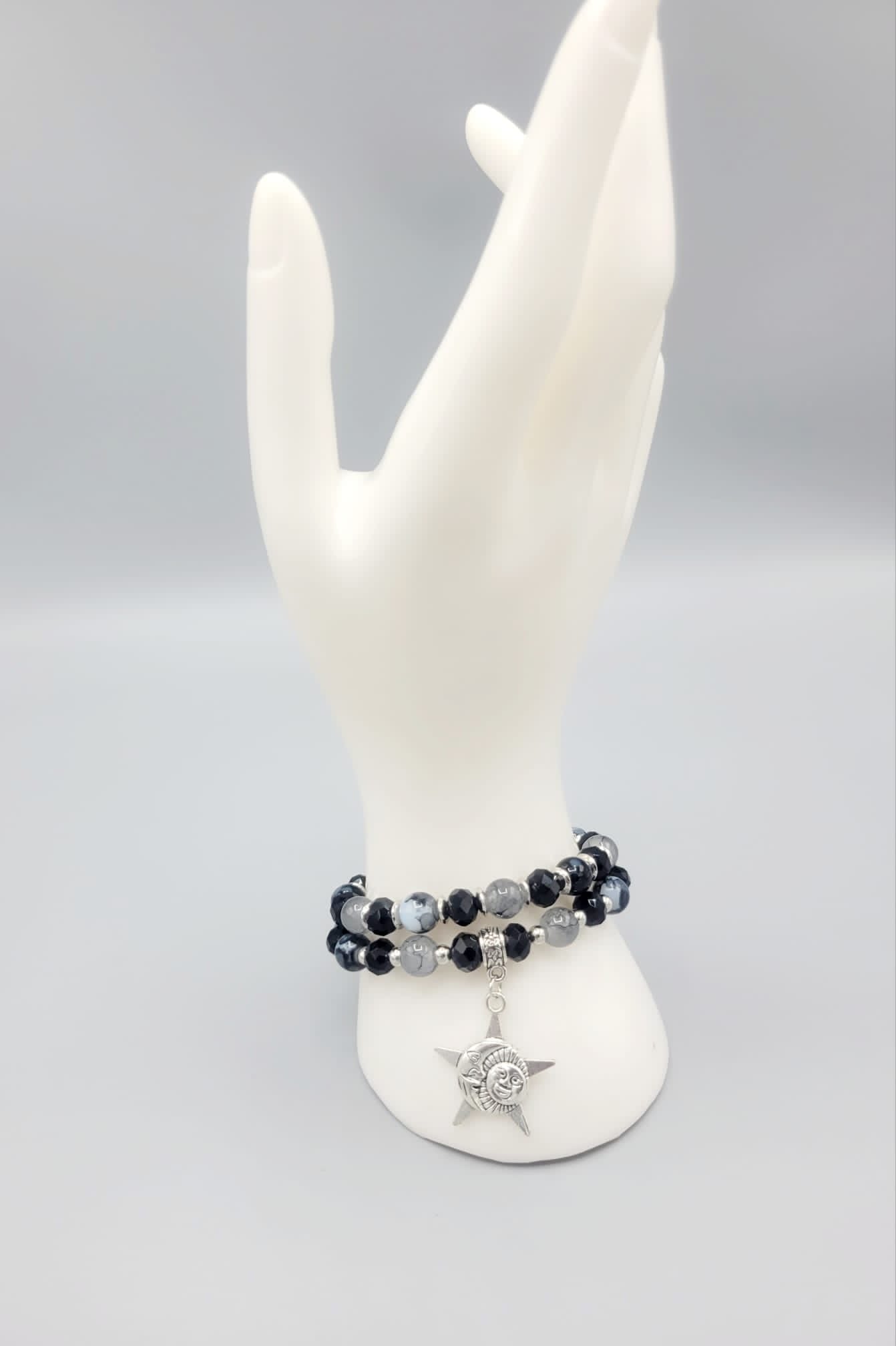 Black And Gray Moon, Star And Sun Bracelets Duo