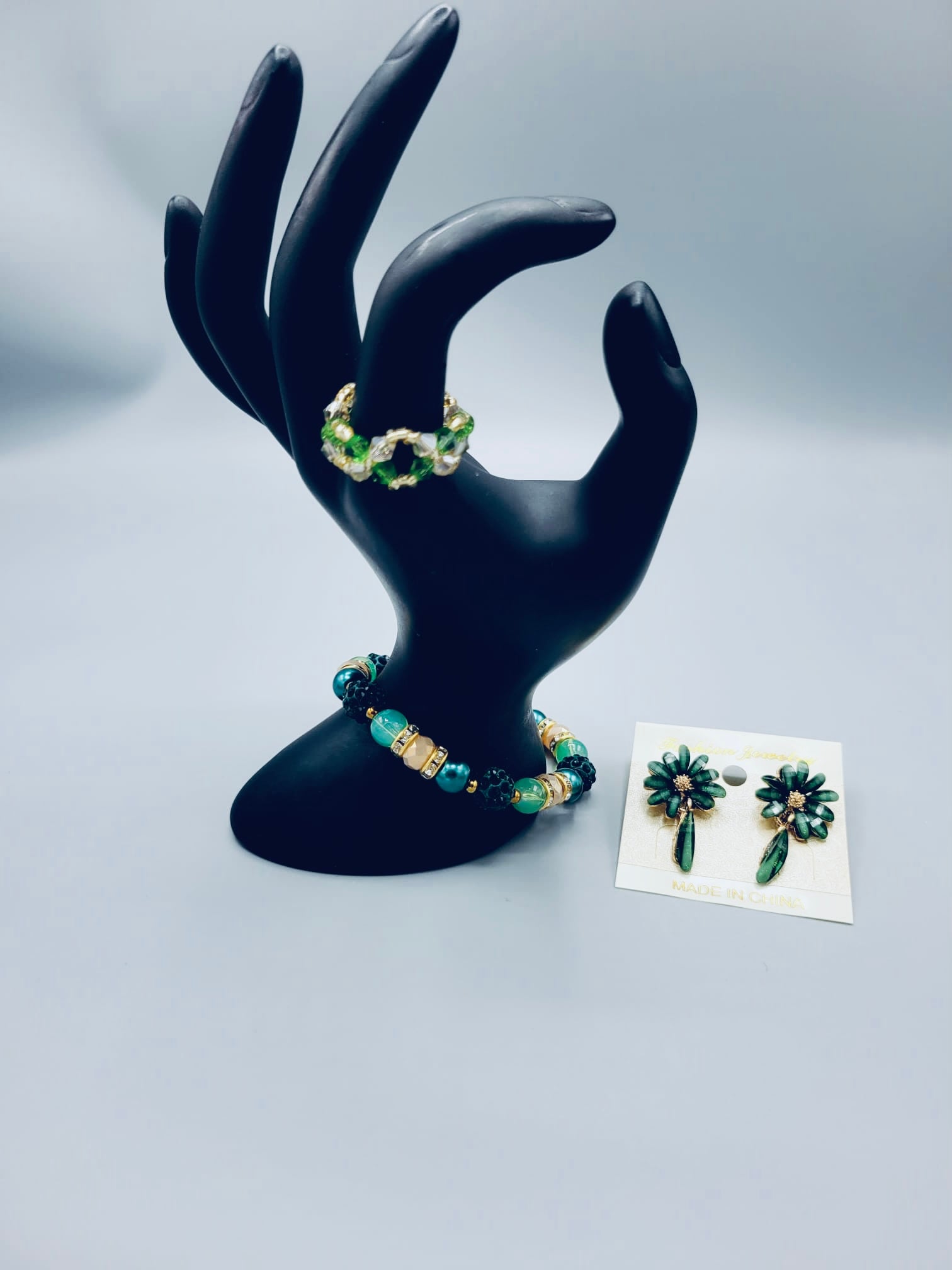 Green And Gold Flower Set (Swarovski Ring)