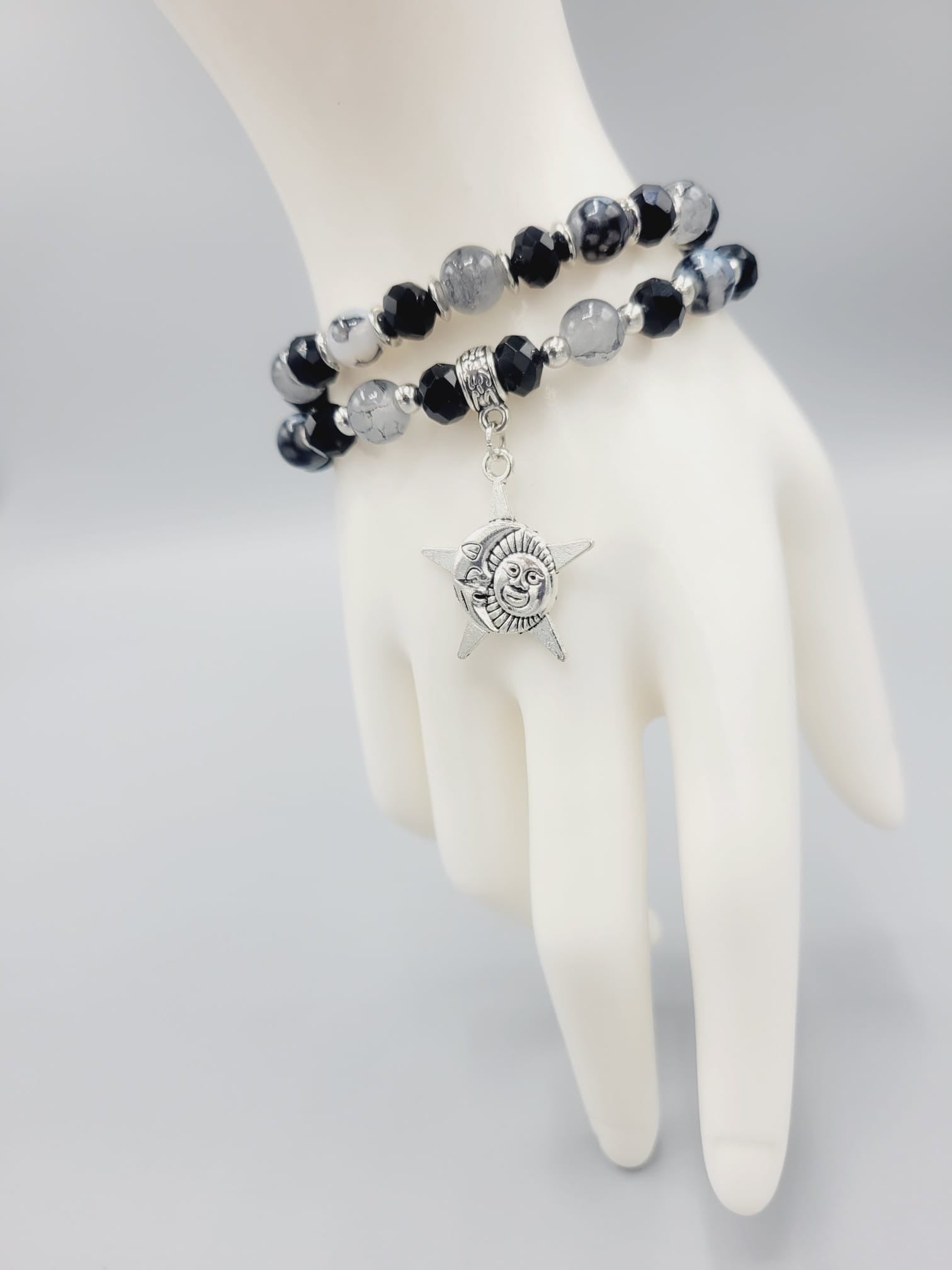 Black And Gray Moon, Star And Sun Bracelets Duo