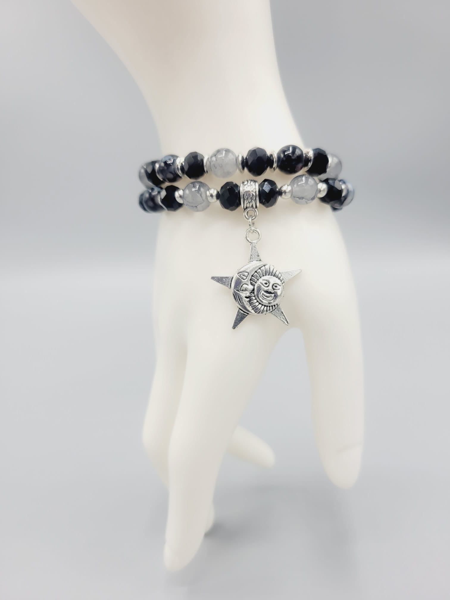 Black And Gray Moon, Star And Sun Bracelets Duo