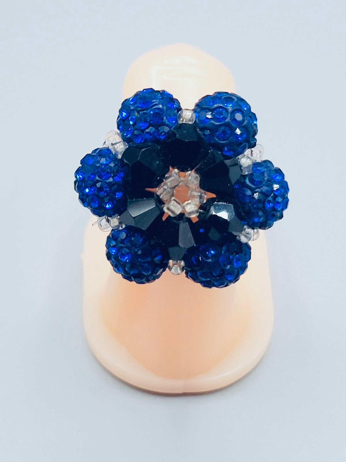 Royal Blue And Black Flower-Shaped Rhinestone Ring